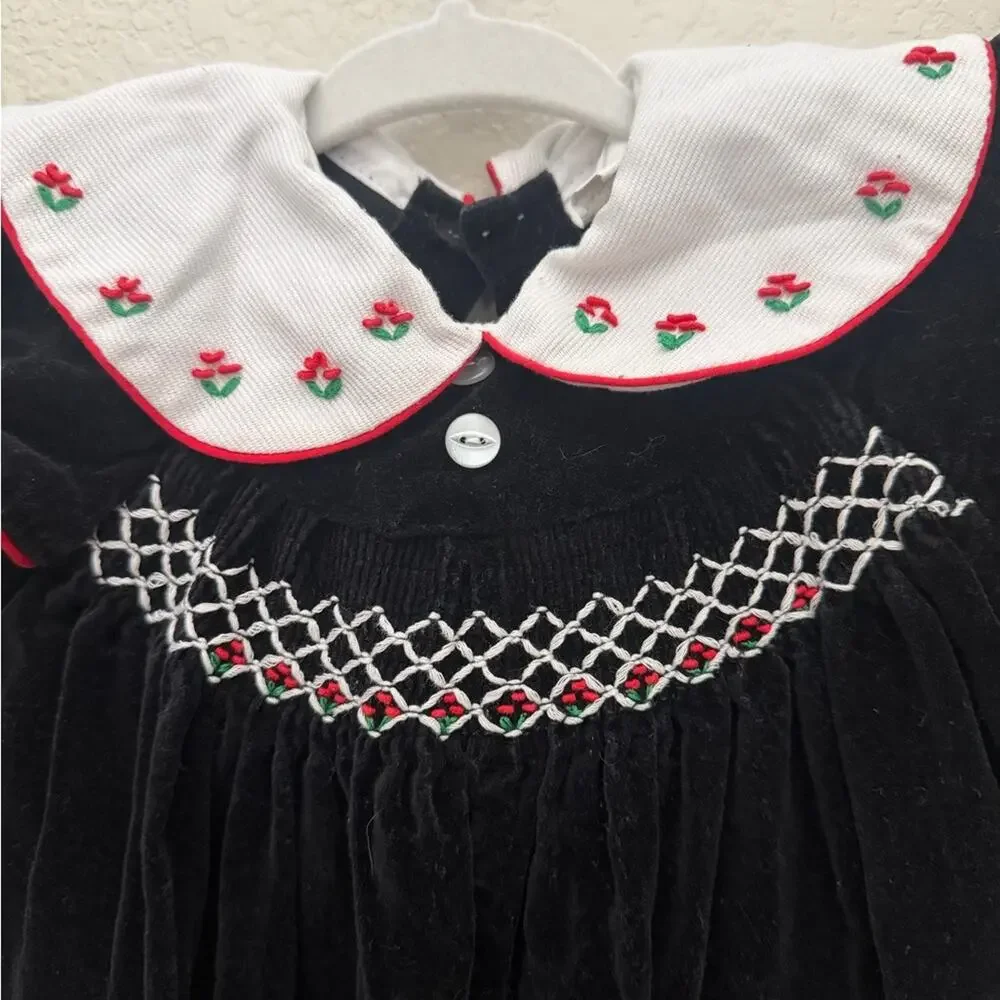 Baby Smocked Romper Black Velvet Floral Embroidery 12 to 18 Months Vintage Style
